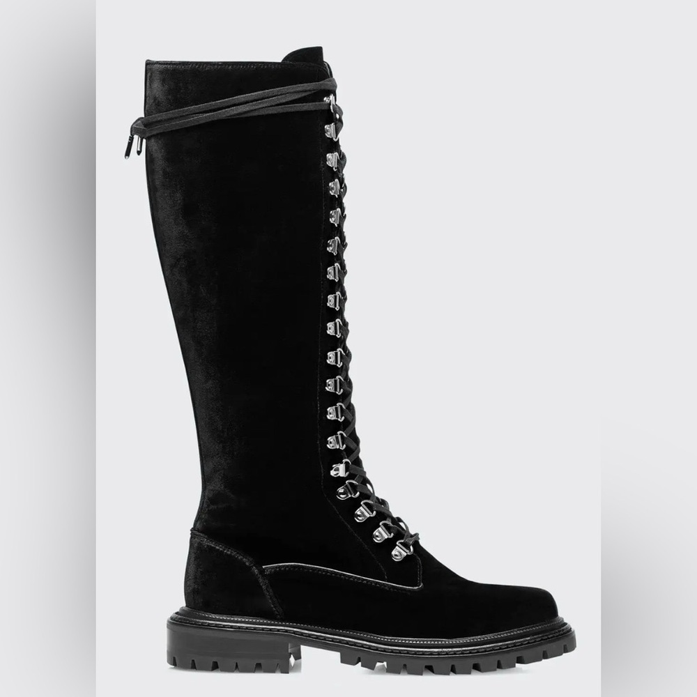 NEW AQUAZZURA Velvet Black Knee High Lace-Up Combat Boots Size: 8.5
